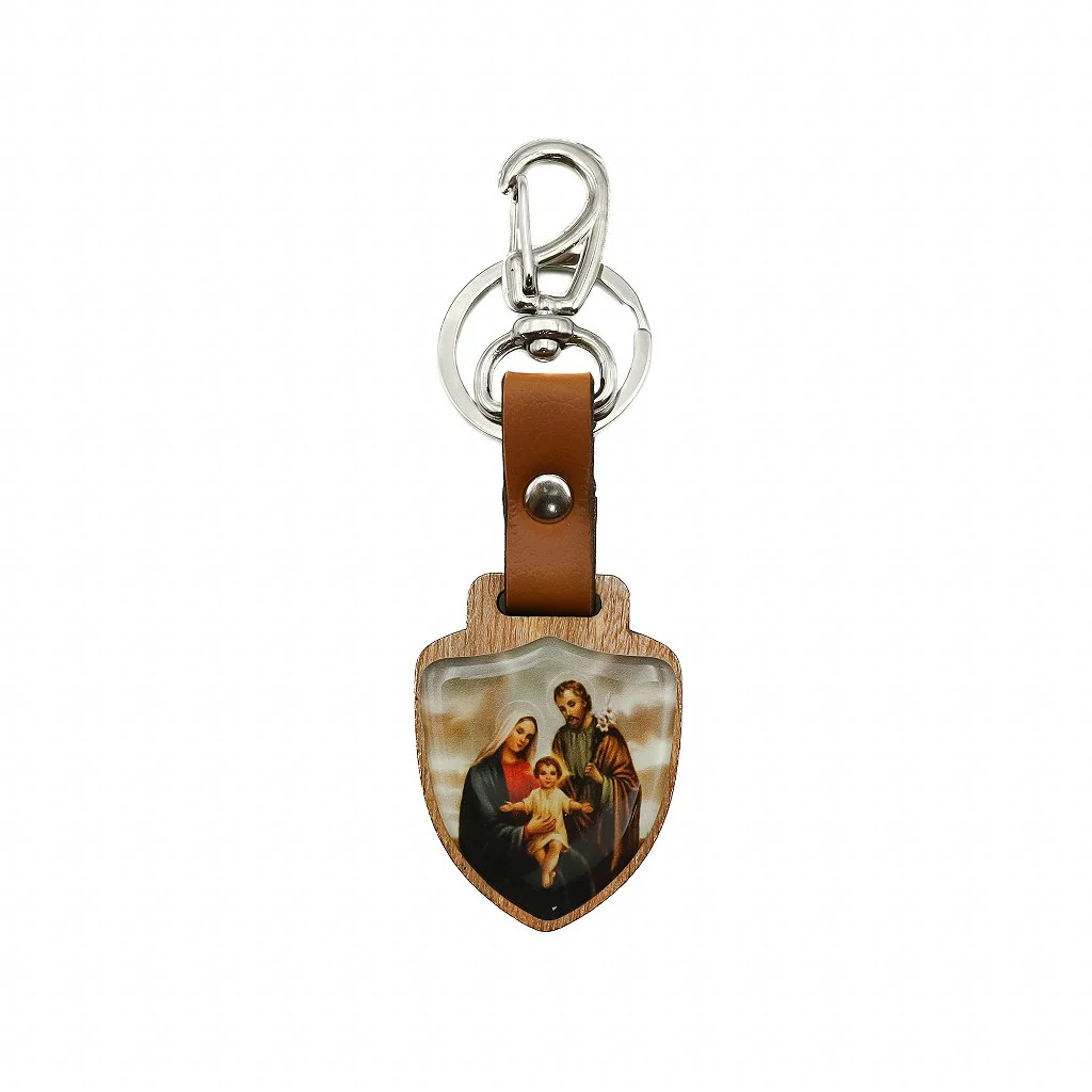 Chaveiro Escudo de Madeira Sagrada Família Prata Velha