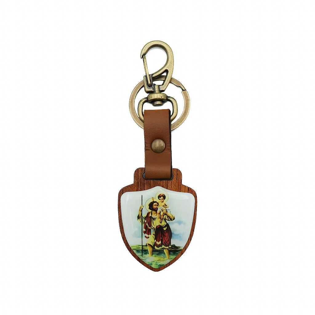 Chaveiro Escudo de Madeira São Cristóvão Ouro Velho
