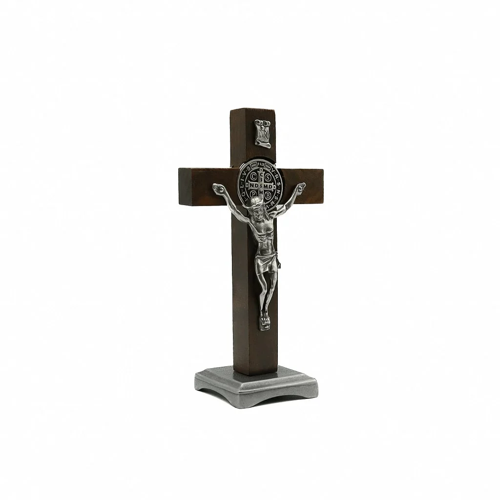 Crucifixo Madeira 11 cm para mesa Niquel com Medalha de São Bento - Image 2