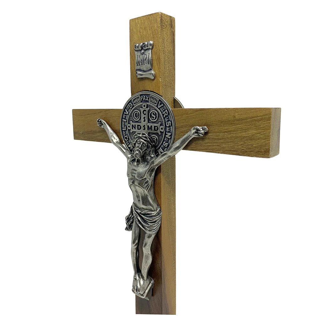 Crucifixo Madeira São Bento 33 cm Para Mesa - Parte Níquel - Image 3