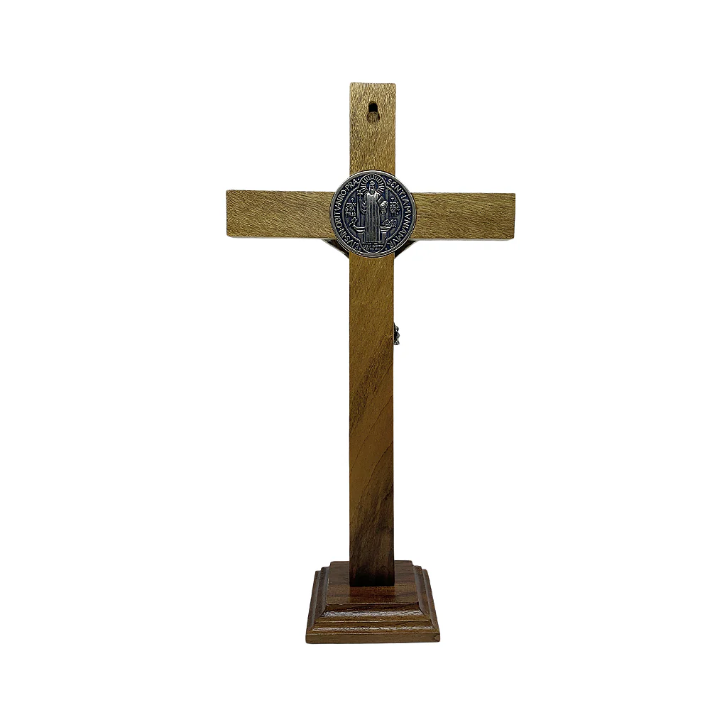 Crucifixo Madeira São Bento 33 cm Para Mesa - Parte Níquel - Image 4