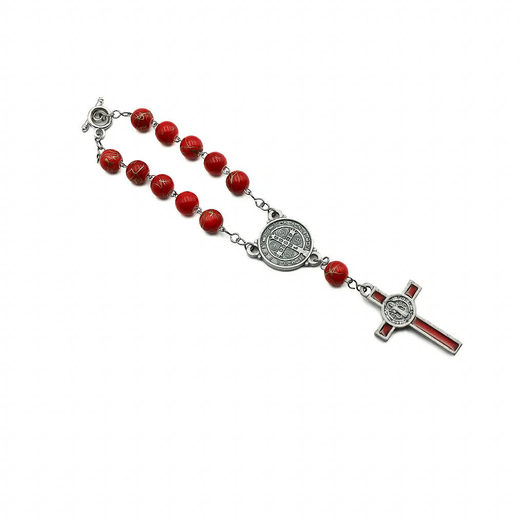 Dezena Com Fecho Mesclada 8mm Inox Vermelho Prata Velha Cruz de São Bento - Image 2