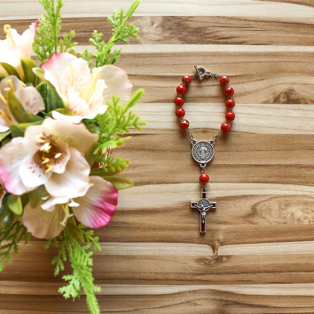 Dezena Com Fecho Mesclada 8mm Inox Vermelho Prata Velha Cruz de São Bento - Image 4