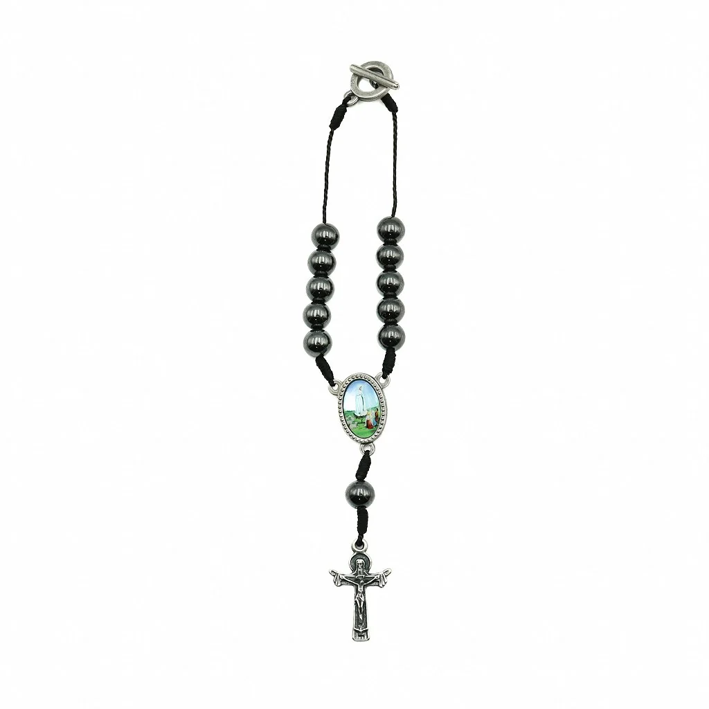 Dezena Carro Hematita 8mm no Cordão - Nossa Senhora de Fátima