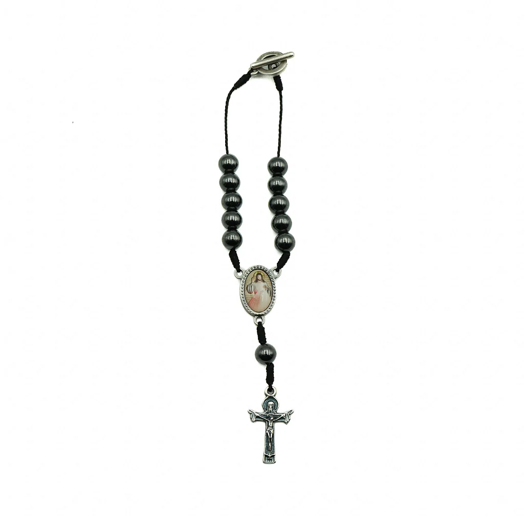 Dezena Carro Hematita 8mm no cordão - Jesus Misericordioso verso São Cristóvão