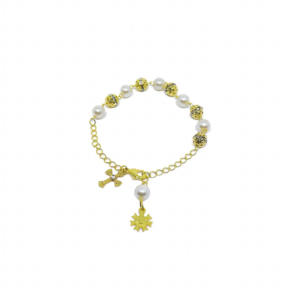 Pulseira Dezena Pérola 8mm Strass Dourada