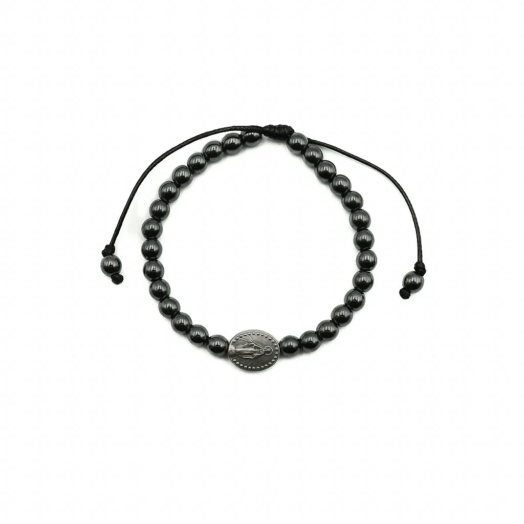 Pulseira Hematita Com Pai Nosso Resinado - Nossa Senhora das Graças