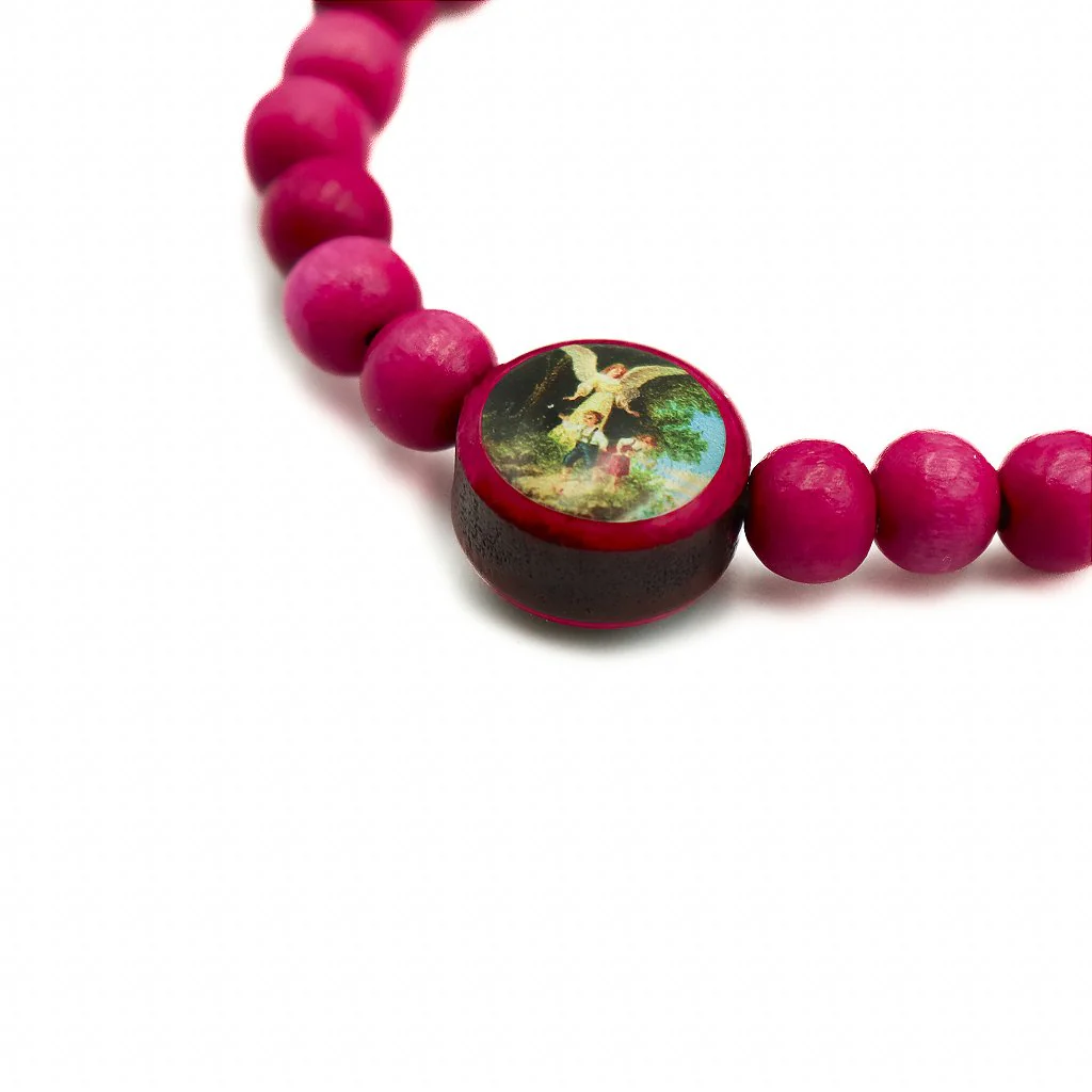 Pulseira infantil reg madeira 6mm Anjo da Guarda - Rosa - Image 3