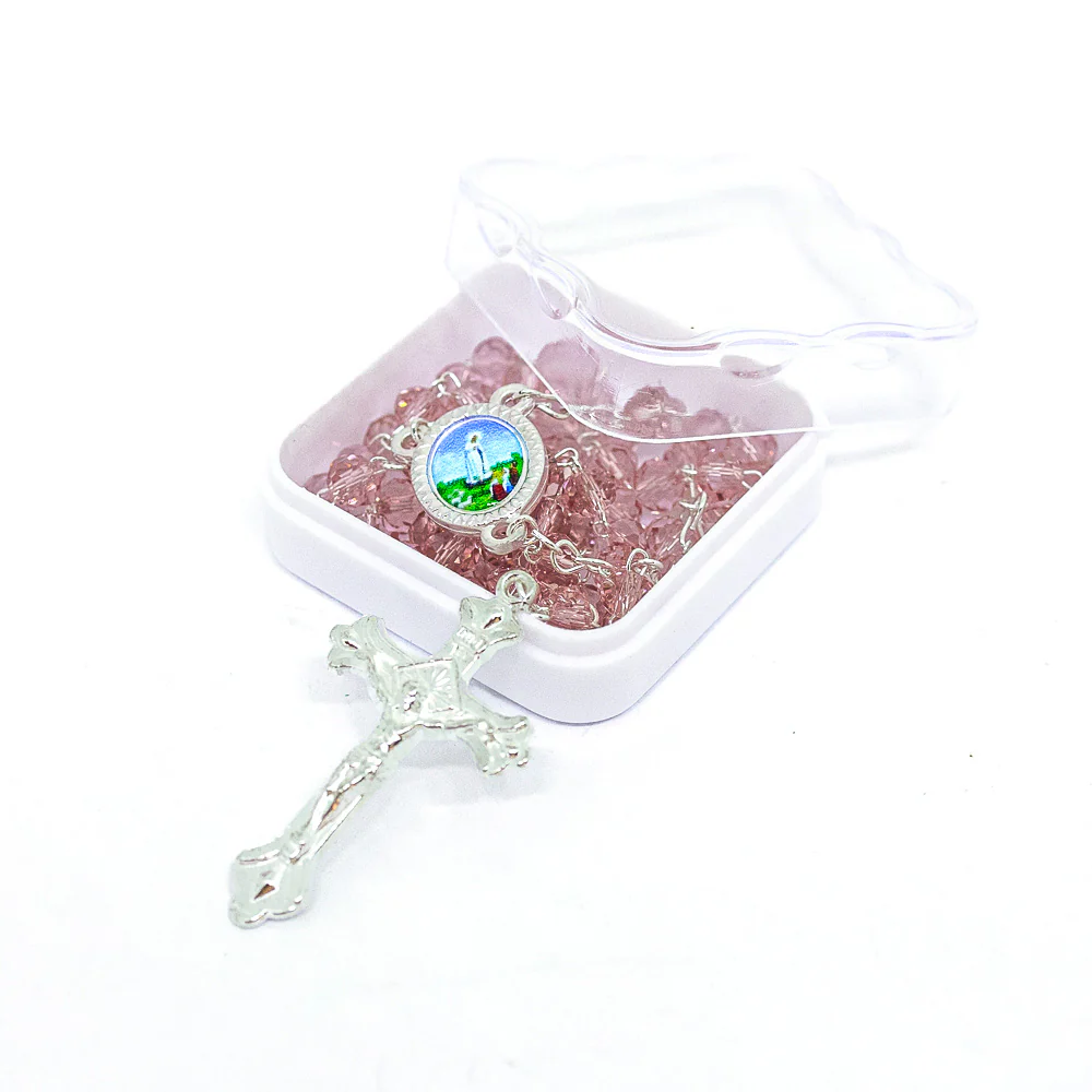 Terço Cristal 6mm Rosa - Nossa Senhora de Fátima