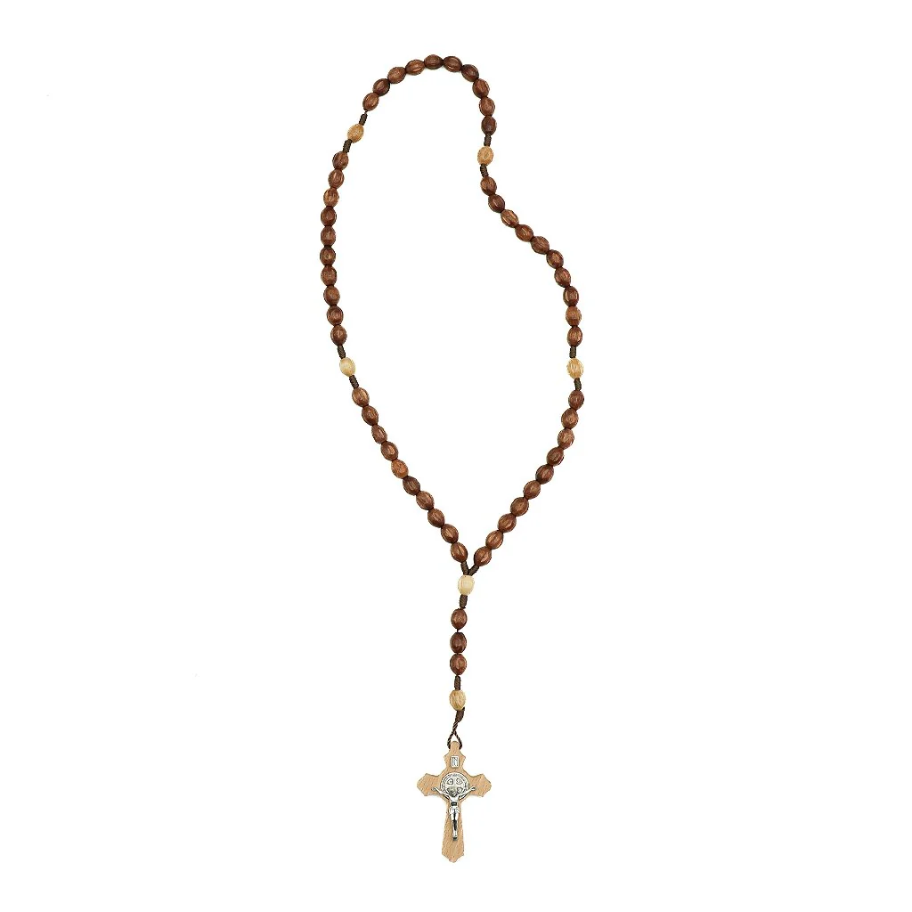 Terço madeira contas frizadas cordão marrom escuro cruz de madeira com medalha de São Bento prata - Medjugorje