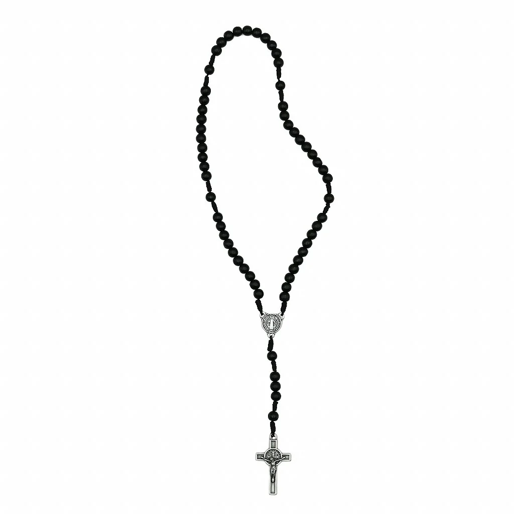 Terço Madeira Preta Cordão 6 mm São Bento Prata Velha