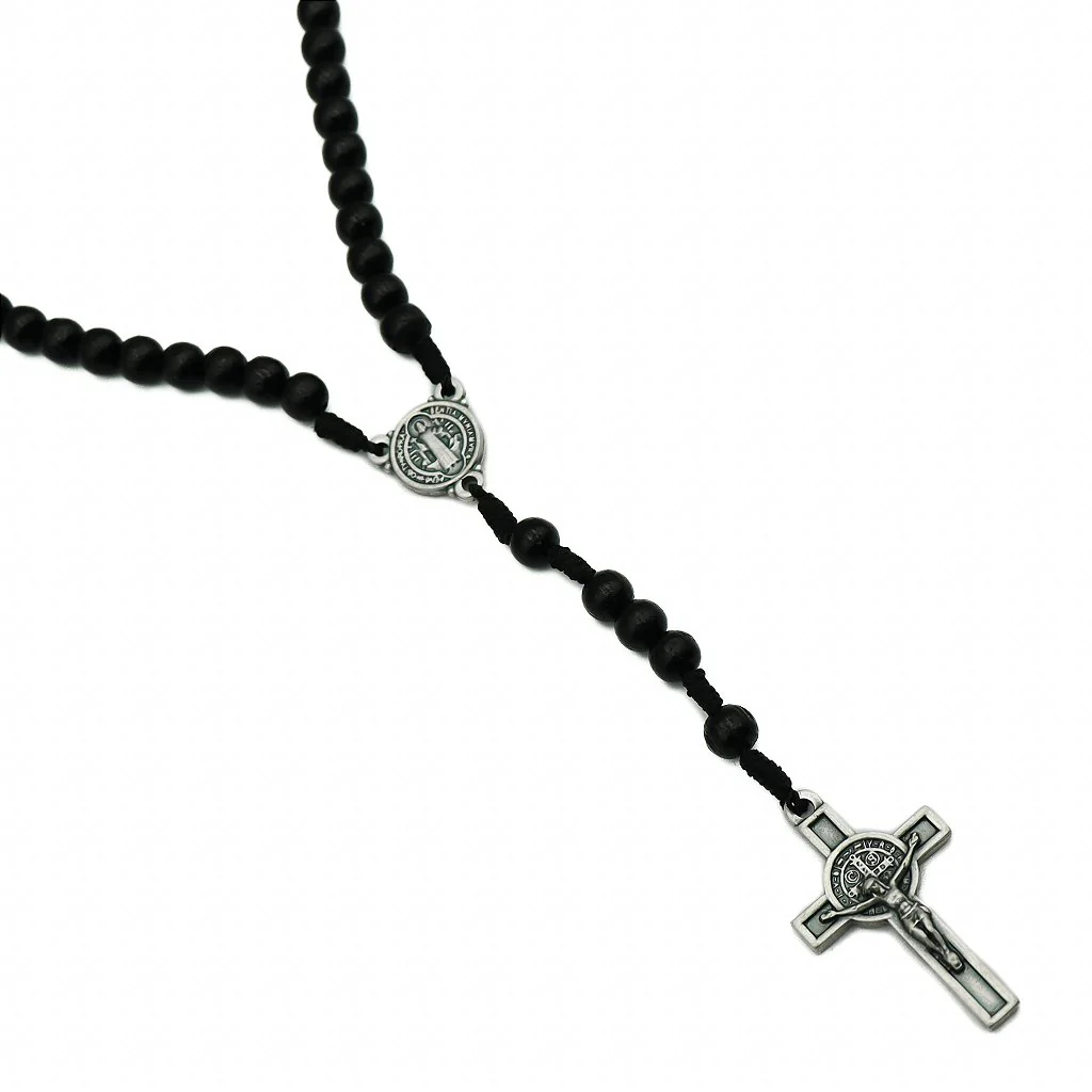 Terço Madeira Preta Cordão 6 mm São Bento Prata Velha - Image 3