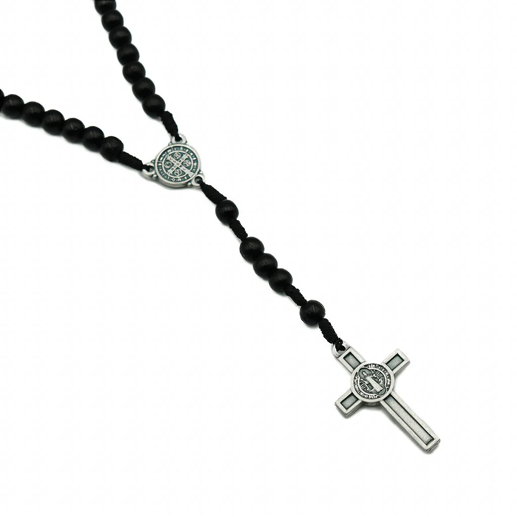 Terço Madeira Preta Cordão 6 mm São Bento Prata Velha - Image 4