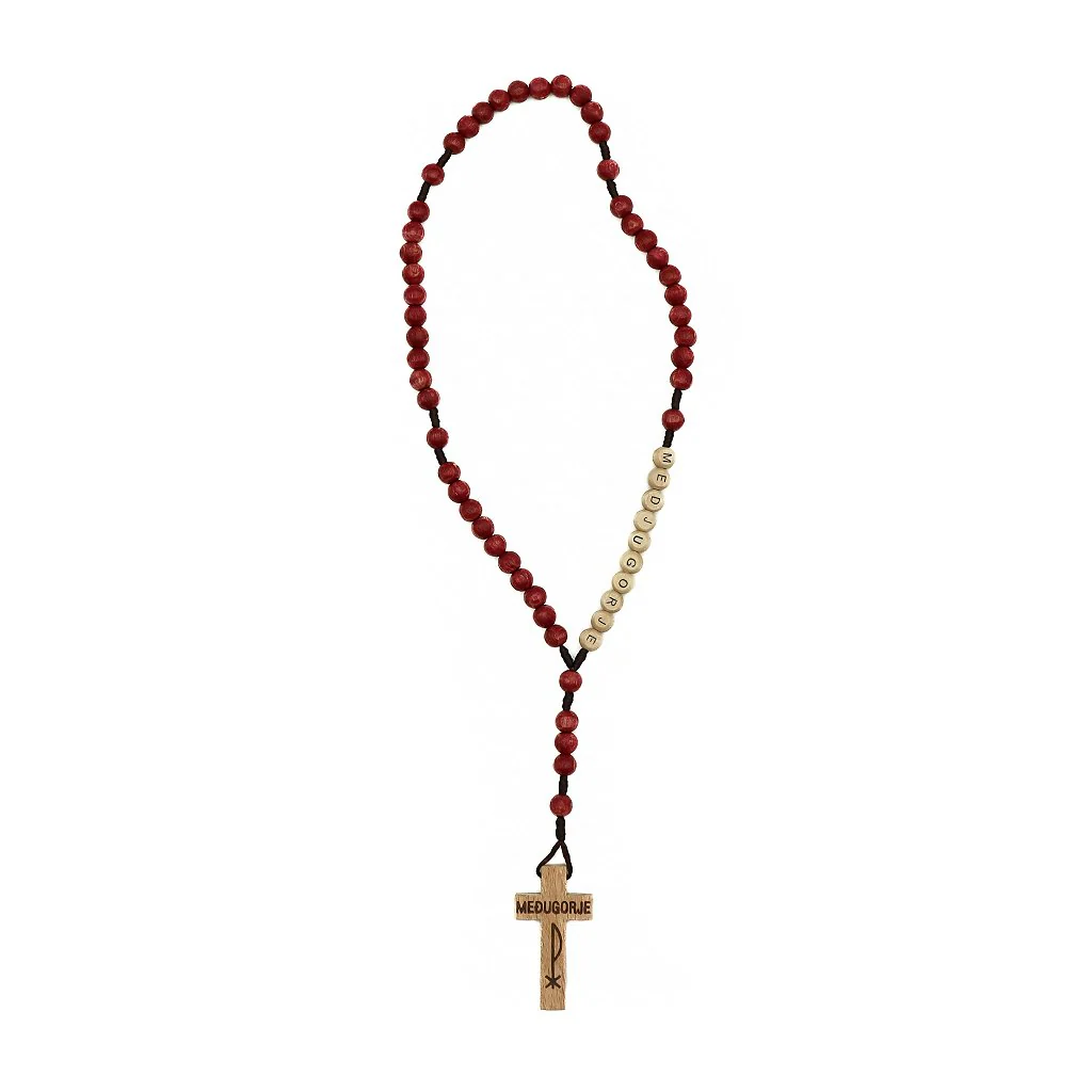 Terço madeira vermelho cordão marrom escuro com nome Medjugorje cruz de madeira
